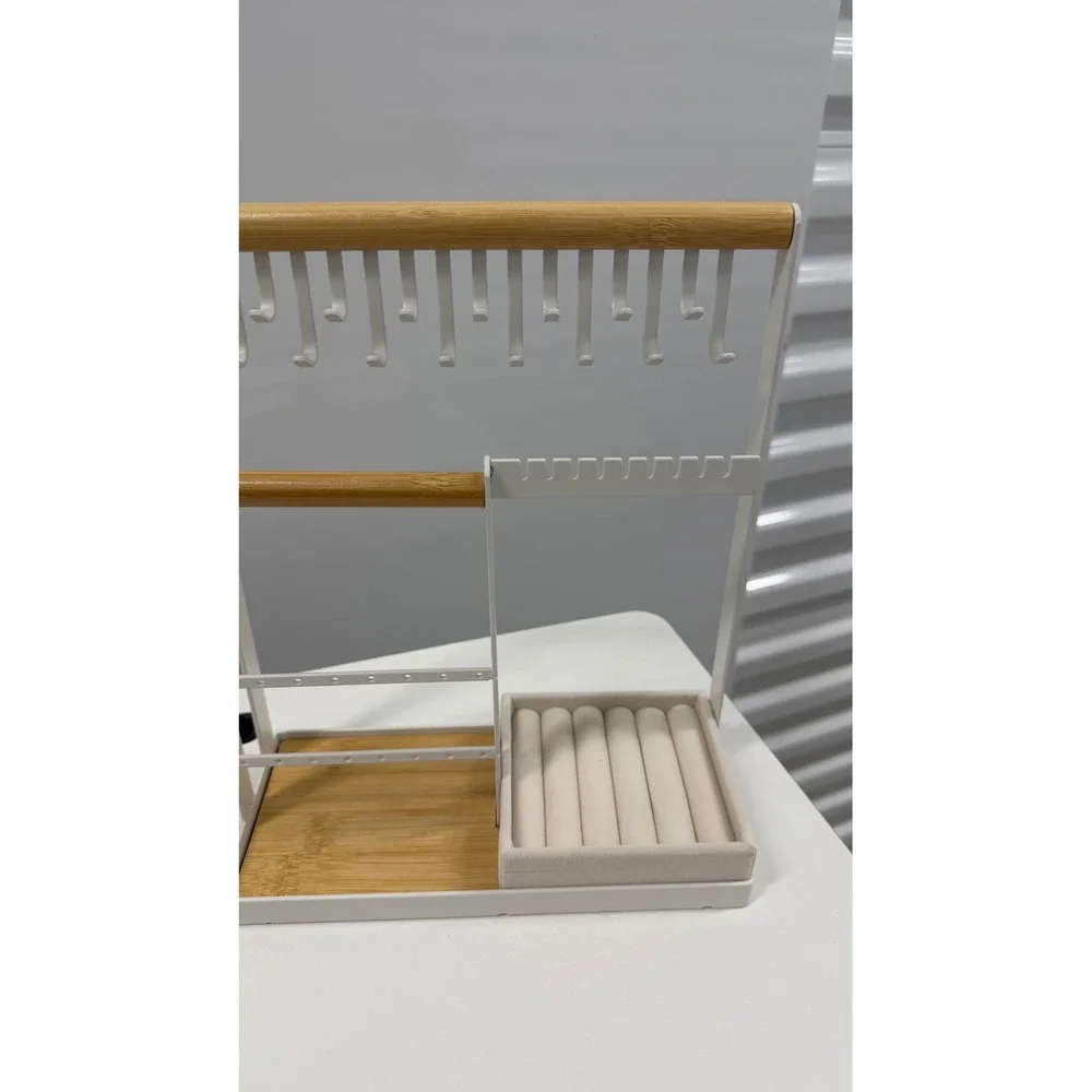 White Metal and Bamboo Jewelry Stand Organizer Necklace Holder Ring Tray